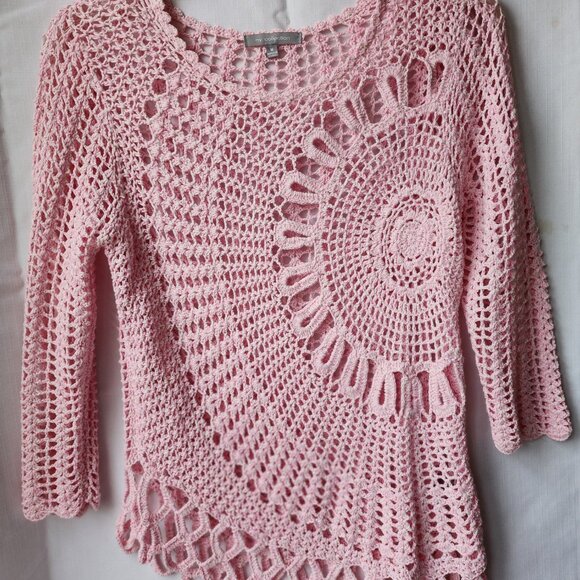 NY Collection Crochet Sweater Boho-chic Asymmetrical Circular Soft blush pink M. - Picture 5 of 7